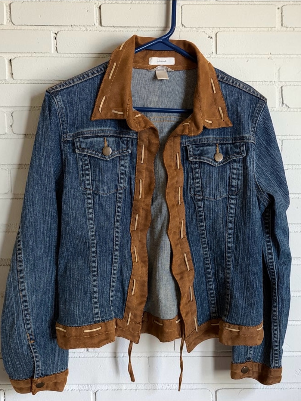 Y2K Christopher & Banks Denim Faux Leather Western Boho Jean Jacket Medium
